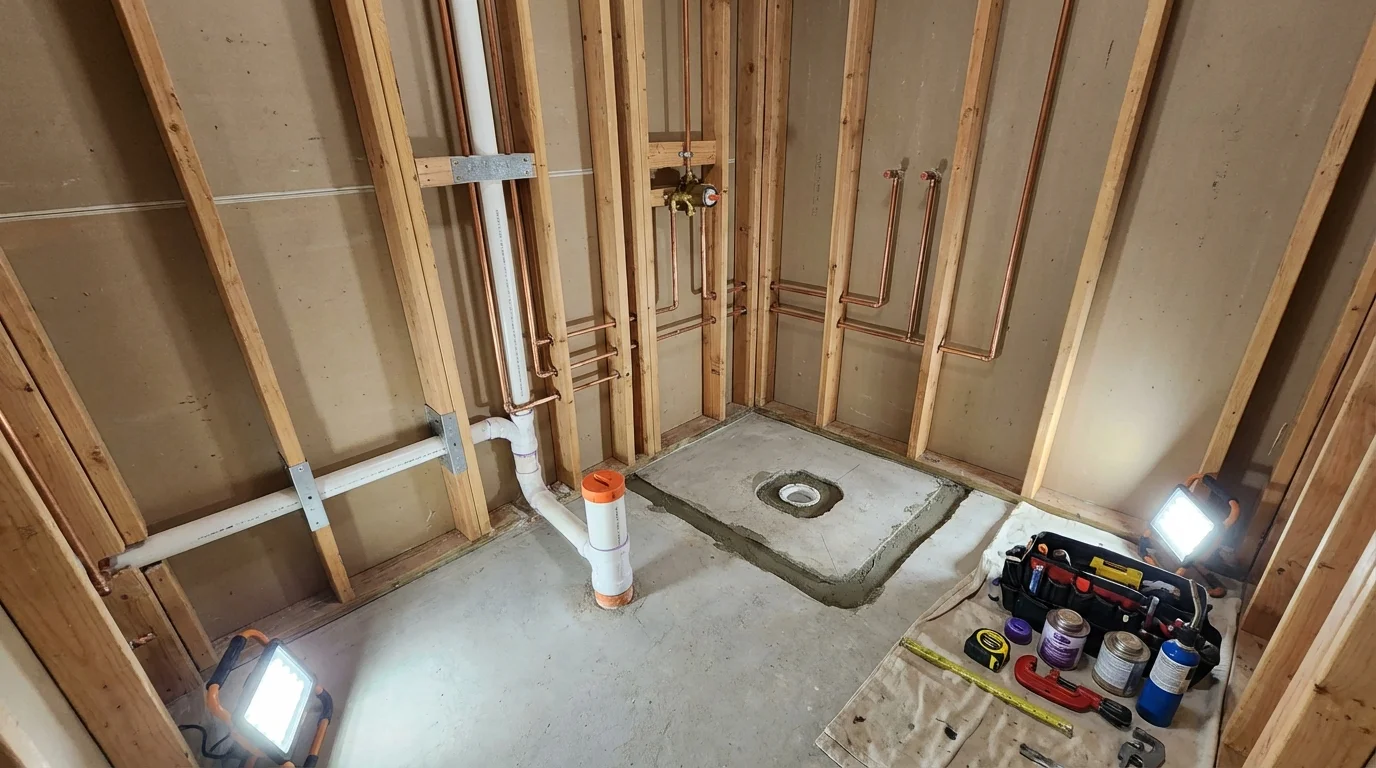 Bathroom rough-in plumbing during remodel by Johns Plumbing LLC in Fox Island