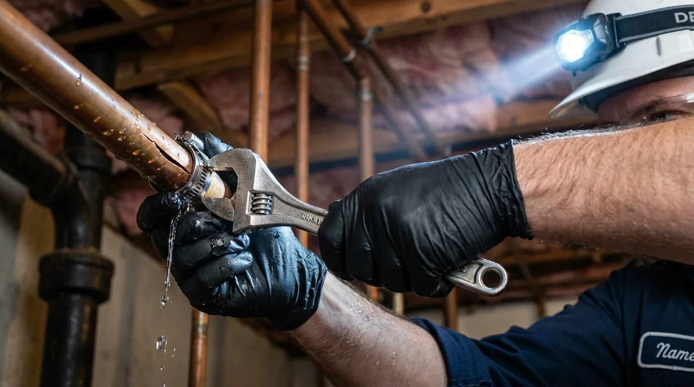 Emergency pipe clamp repair being performed by a Johns Plumbing LLC plumber in Fox Island