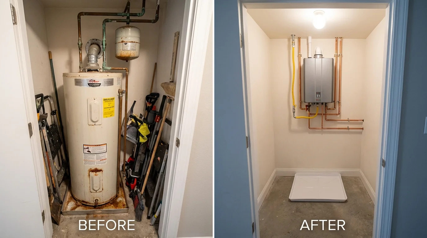 Tank water heater versus wall-mounted tankless unit comparison for Fox Island, WA homeowners