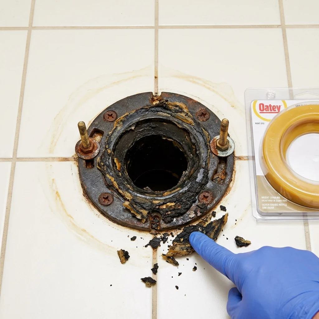 Failed wax ring showing water seepage at the base of a toilet in a Fox Island, WA home