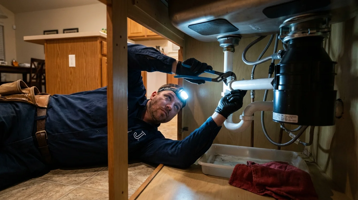 P-trap and supply line connections under a kitchen sink showing a common leak point in Fox Island, WA